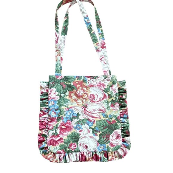 Side Eye Bird Handmade Ruffled Tote Bag Vintage 1980s Pink Multi Floral Fabric - Picture 3 of 8